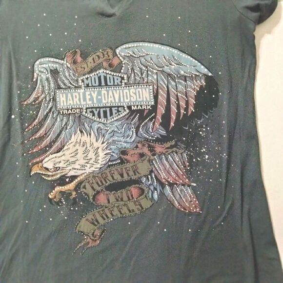 Harley Davidson Women's Tee Shirt Sz M Dark Gray Bling Eagle Forever Two Wheels - Picture 3 of 10